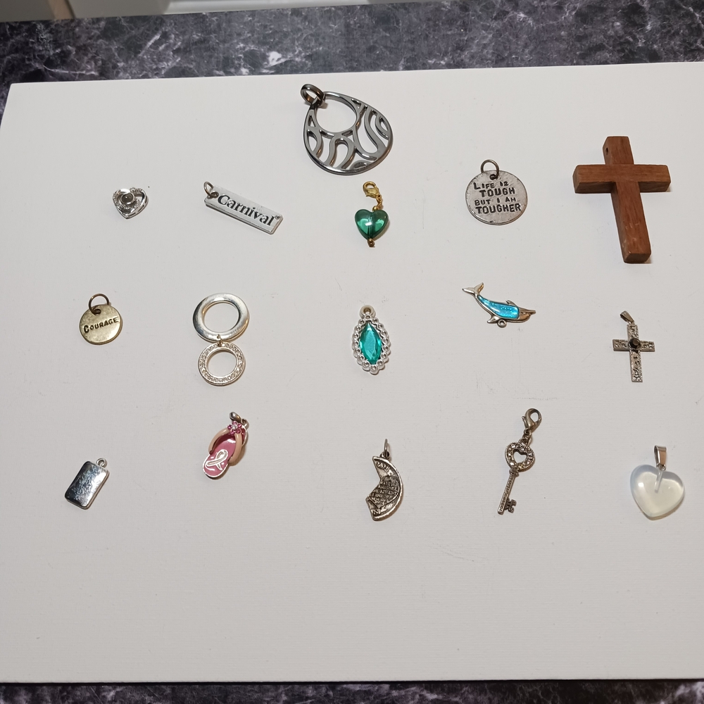 16 Mixed Charm Pendant Lot - Silver, Turquoise & Wood Cross
